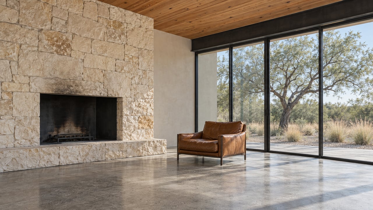 A leather chair sits between a limestone fireplace and glass wall, overlooking a gravel yard with a mesquite tree.