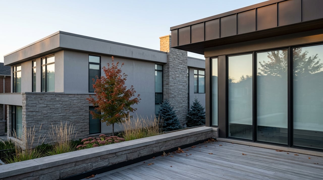 Modern home with stone chimney and black-framed windows across a deck, beneath a red-orange maple.