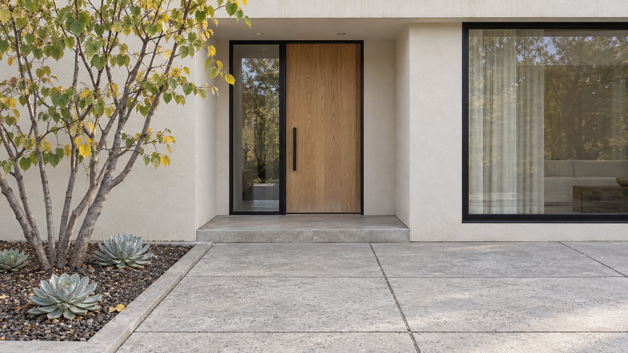 Soft morning light across a stucco home's oak entry, black-framed windows, concrete paving, and a small specimen-tree planting.