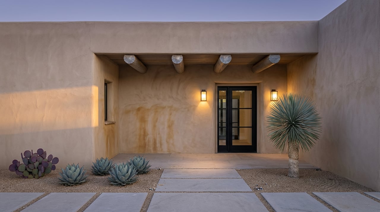 Recessed stucco entry with a black steel-framed door, timber beams, warm sconces, and sculptural desert plants.