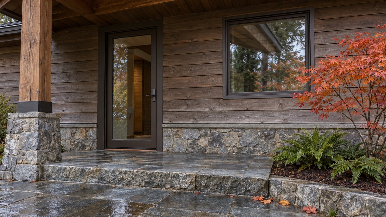 A sheltered timber-and-stone home entrance with bronze-framed glass, rain-darkened paving, and orange-red maple leaves.