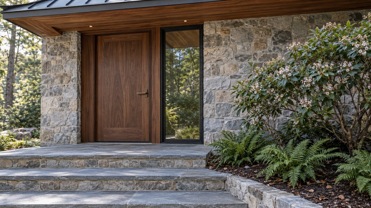Walnut entry door beside a narrow glazed sidelight and fieldstone wall, above bluestone steps and a Kalmia shrub.