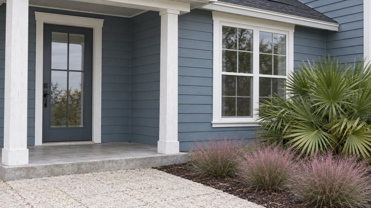 Blue-sided house with a glazed front door, divided-light window, porch step, and fan palm.