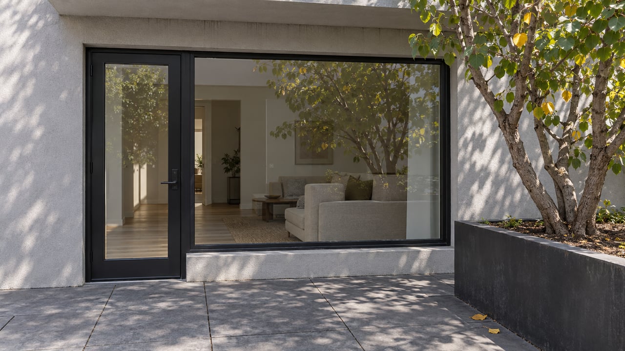 Close courtyard view of a light-gray stucco condo facade with black-framed glazing, charcoal pavers and a western redbud in a raised black planter.