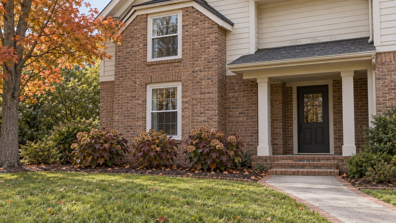 An established brick-and-cream-sided home with a recessed front entry, autumn oakleaf hydrangeas and a maintained front lawn.