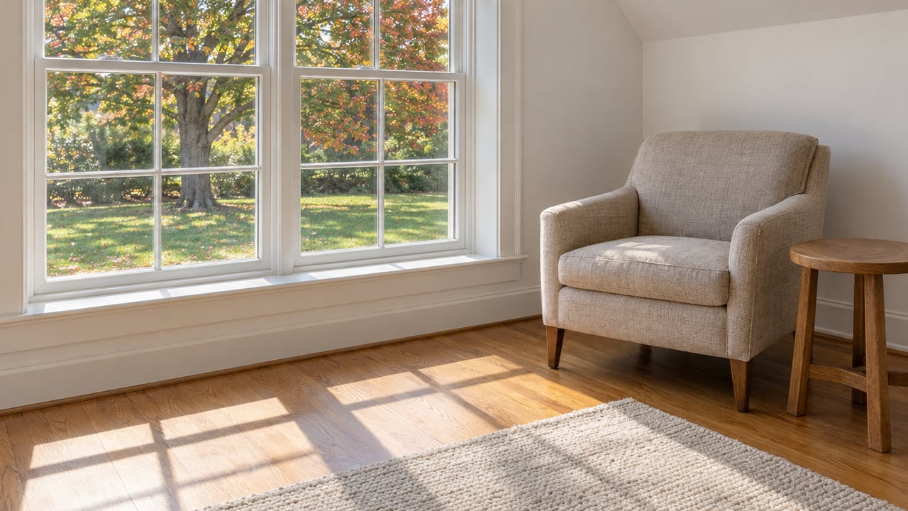 Daylight fills an enclosed living-room corner with a woven armchair, warm oak flooring and a large window overlooking an oak tree.