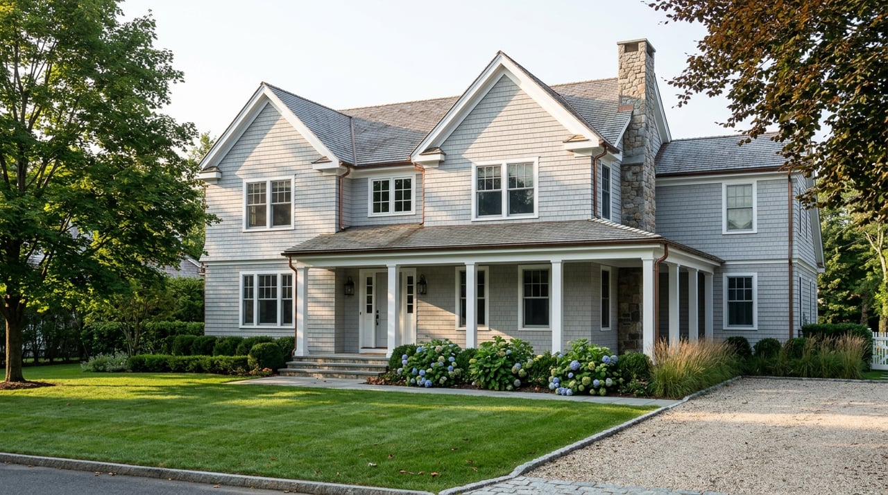 Dove-gray shingle home with white-trimmed gables, wraparound porch, stone chimney, hydrangeas and gravel drive.