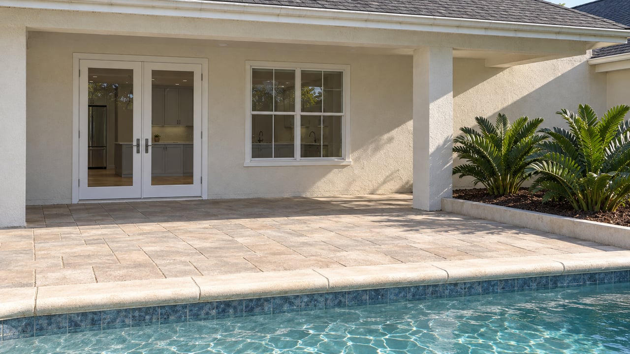 A light stucco home's covered rear porch overlooks beige pavers and the corner of a rectangular pool, beside three coontie plants.