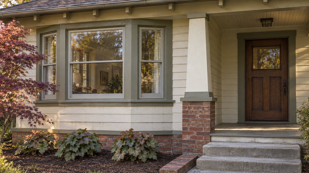 Ivory wood siding, olive-gray window trim and a recessed oak doorway above a brick porch base and worn concrete steps.