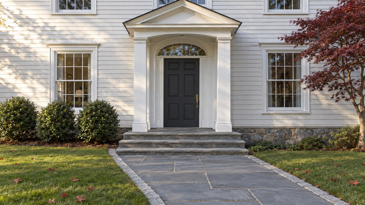 White clapboard house with a charcoal front door, arched transom, bluestone steps, and burgundy maple beside the entry.