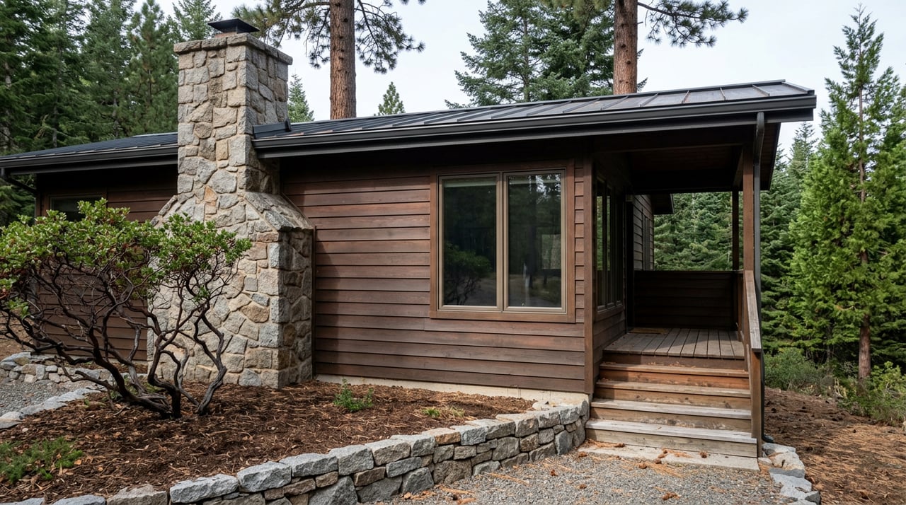 Woodland cabin corner with a granite chimney, dark cedar siding, picture window, stone wall, and gravel path.