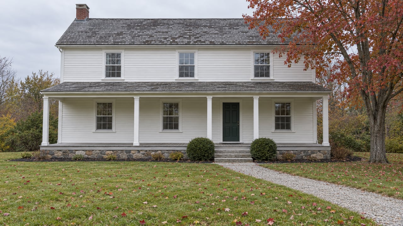 White clapboard farmhouse with a weathered porch, granite steps, broad autumn lawn, and a copper-red maple.