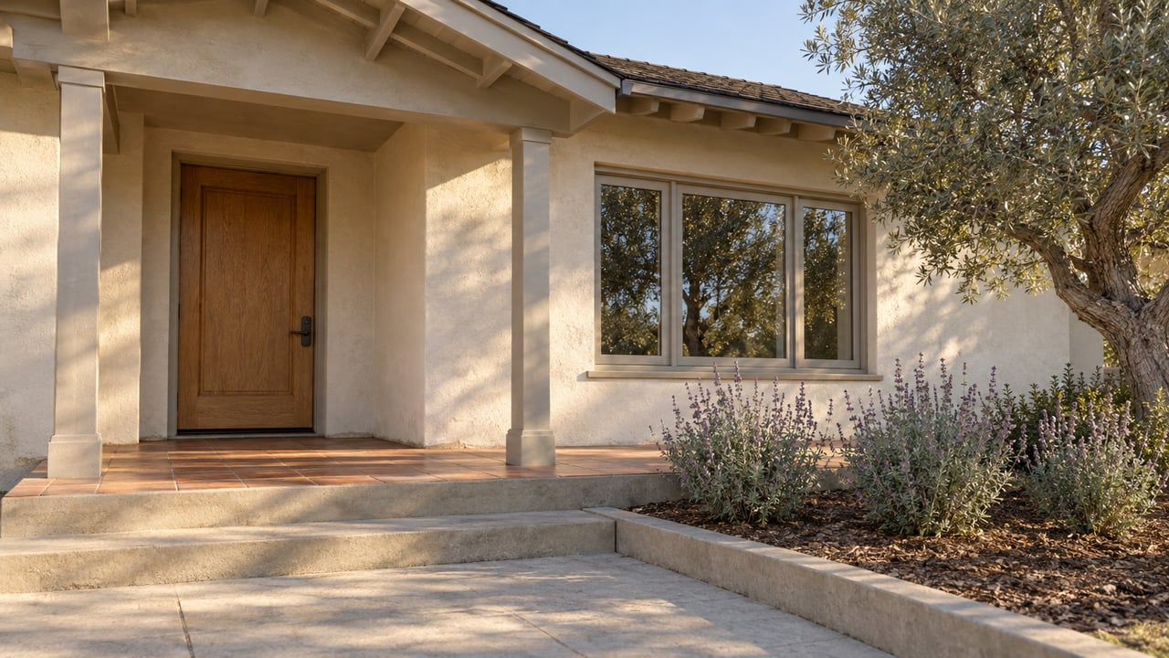 Stucco home exterior with a covered porch, wooden front door, and lavender beneath an olive tree.