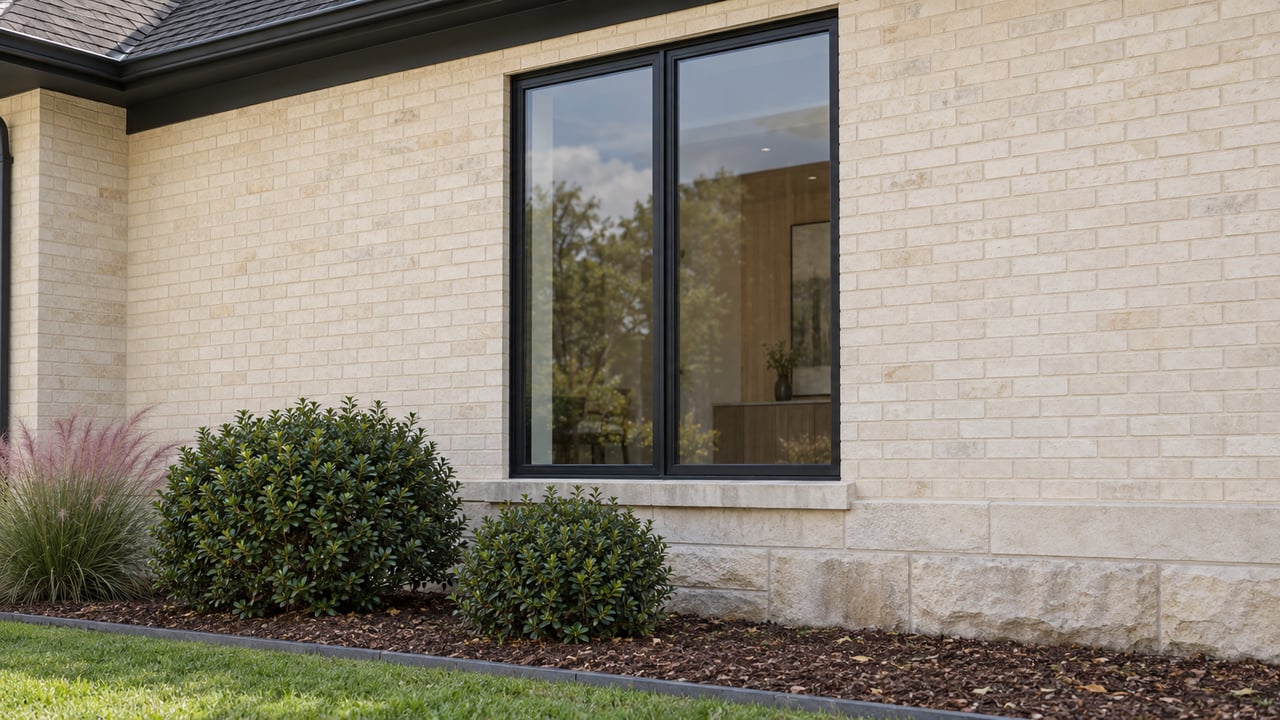Cream brick house facade with a tall black-framed window, limestone foundation, rounded shrubs, and lawn.