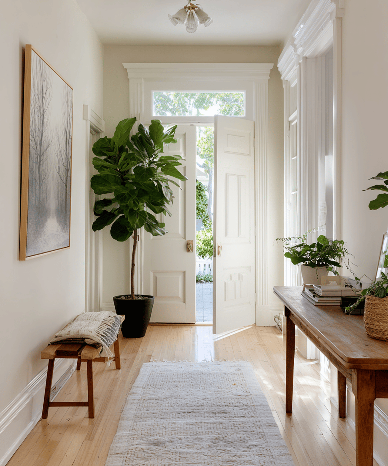 Bright entryway with an open white front door, light wood floors, and a large potted plant.
