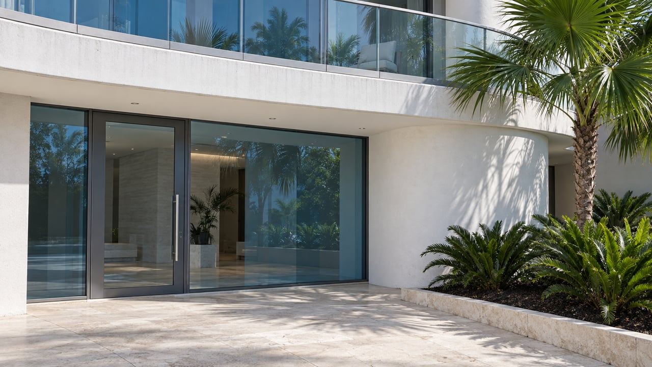 Sunlit curved white condominium balcony above a blue-glass entrance, pale limestone approach and a sculptural fan palm.