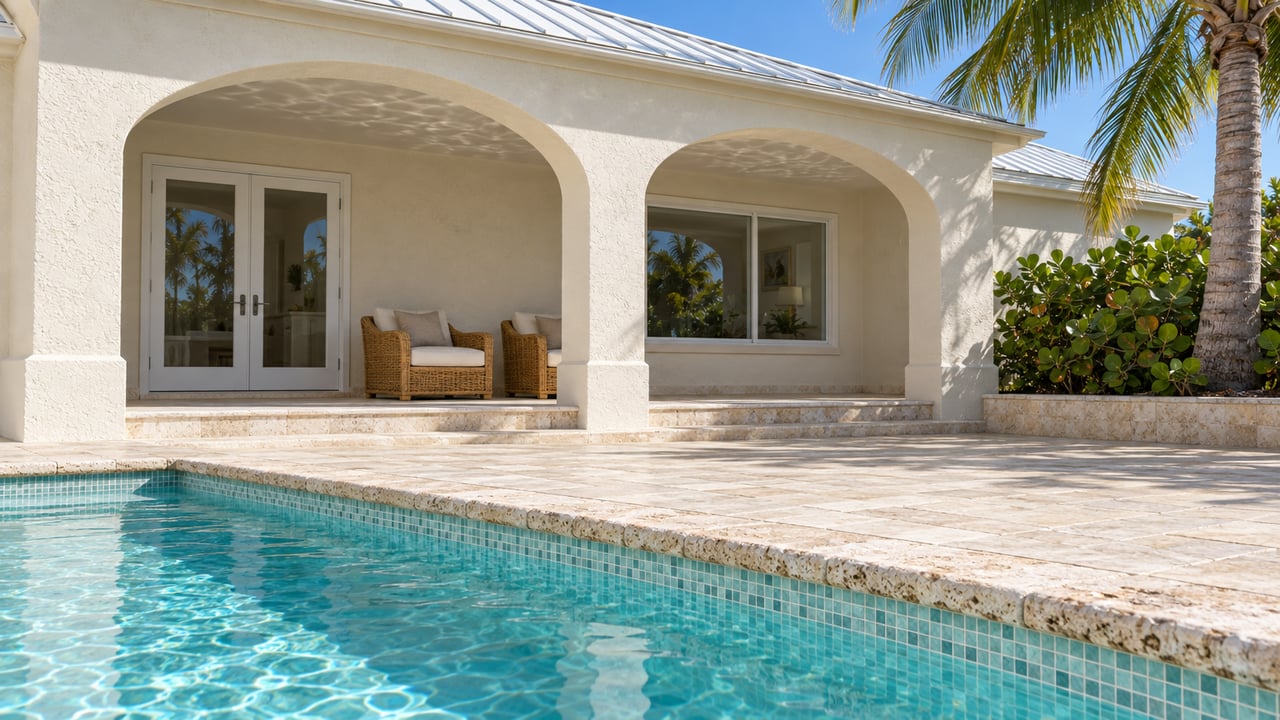 Turquoise pool beside a cream-stucco home with twin porch arches, pale stone paving and a mature coconut palm.