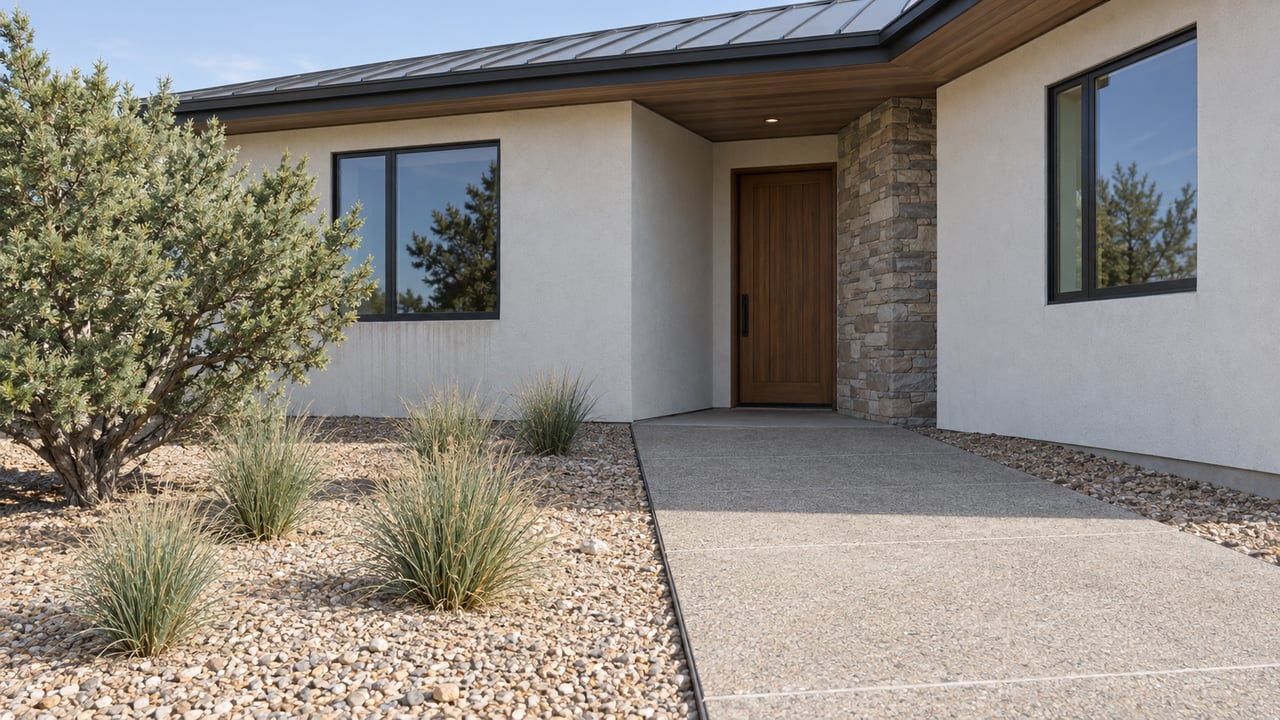 Contemporary stucco house with stone entry, two windows, concrete walk, gravel beds, juniper, and spaced grasses.