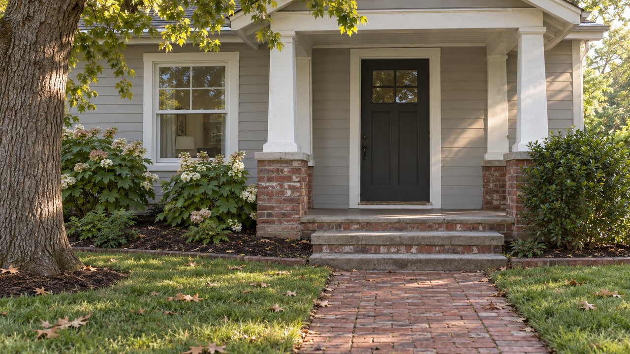 A gray bungalow porch with a dark entry door, brick path, low steps, and leafy garden.