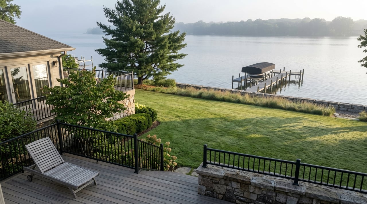 Elevated view over a sloping lawn to a stone shoreline wall, dock, and boat lift, with a pine beside the water.