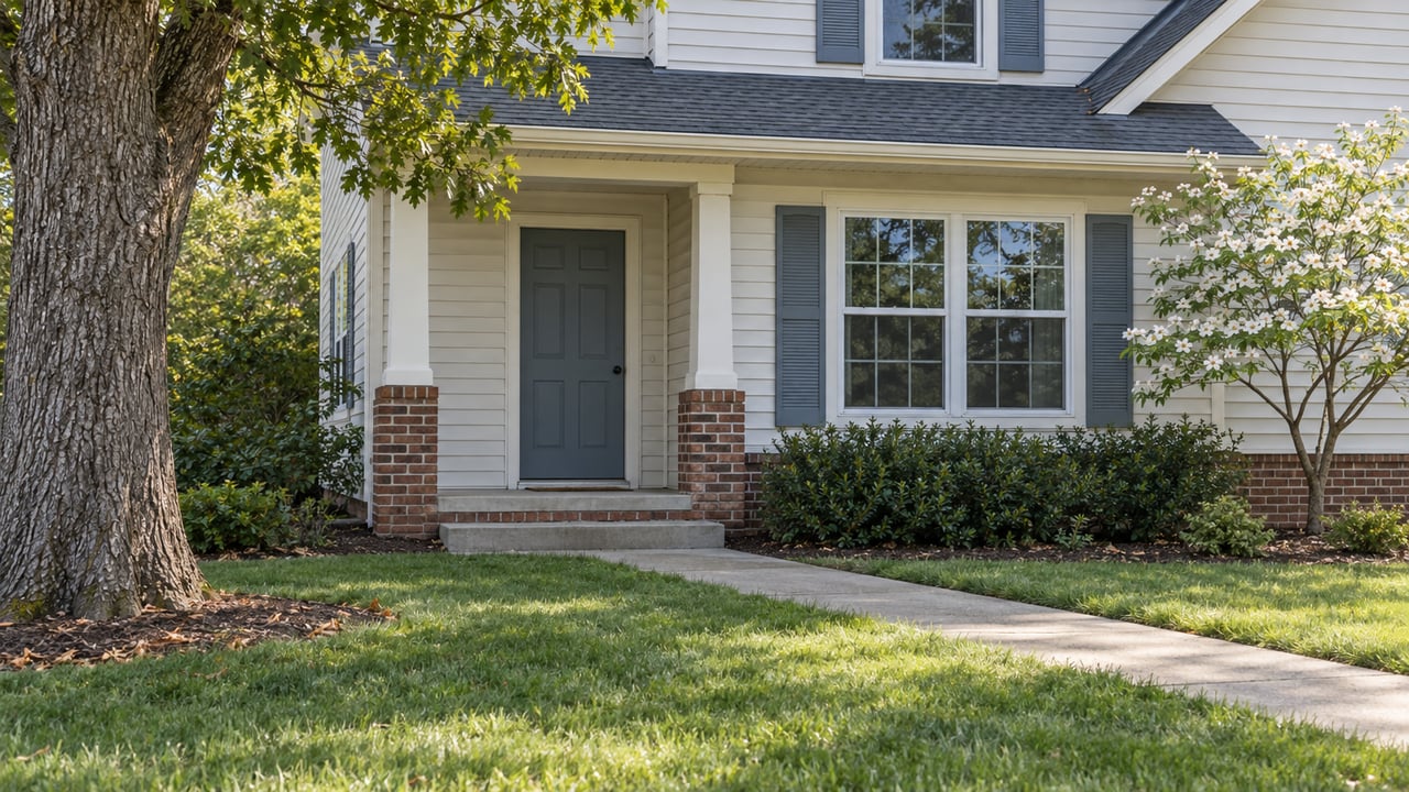 Suburban house entry with a red-brown brick stoop, blue-gray shutters, and a mature oak beside the lawn.
