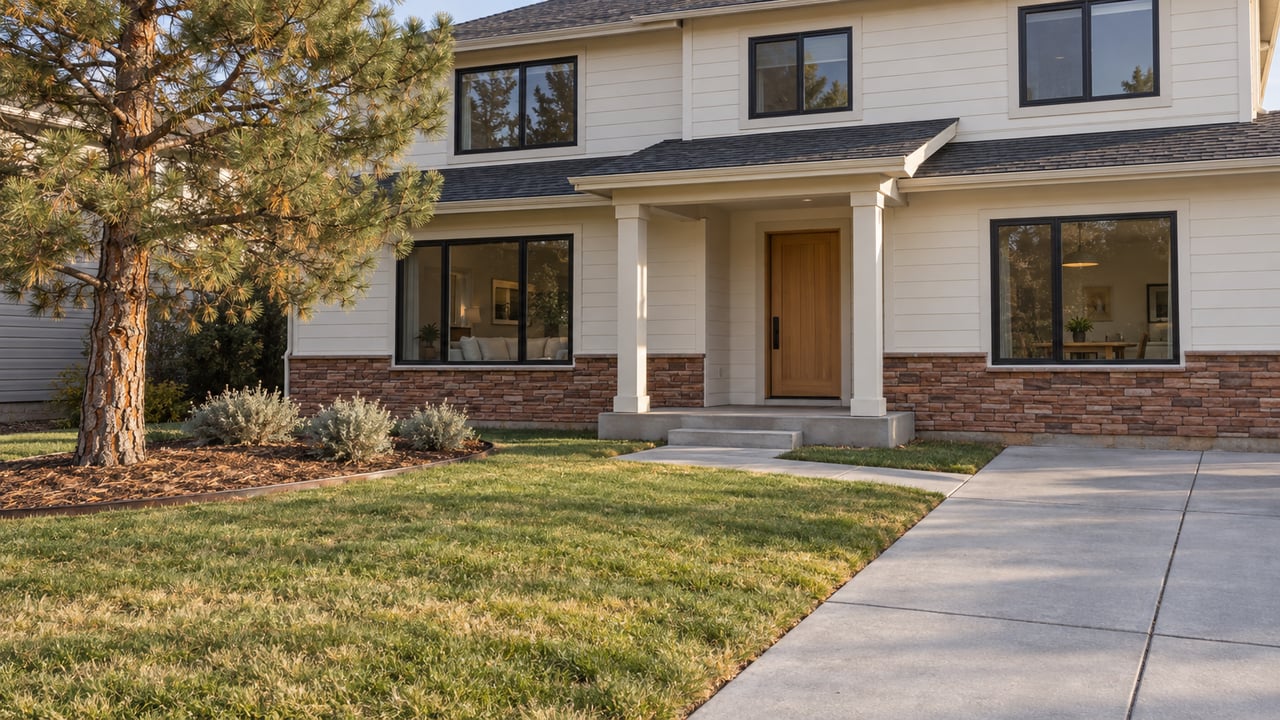 A cream-sided two-story home with black-framed windows, a sandstone porch base, deep front lawn and a mature ponderosa pine in late-afternoon light.