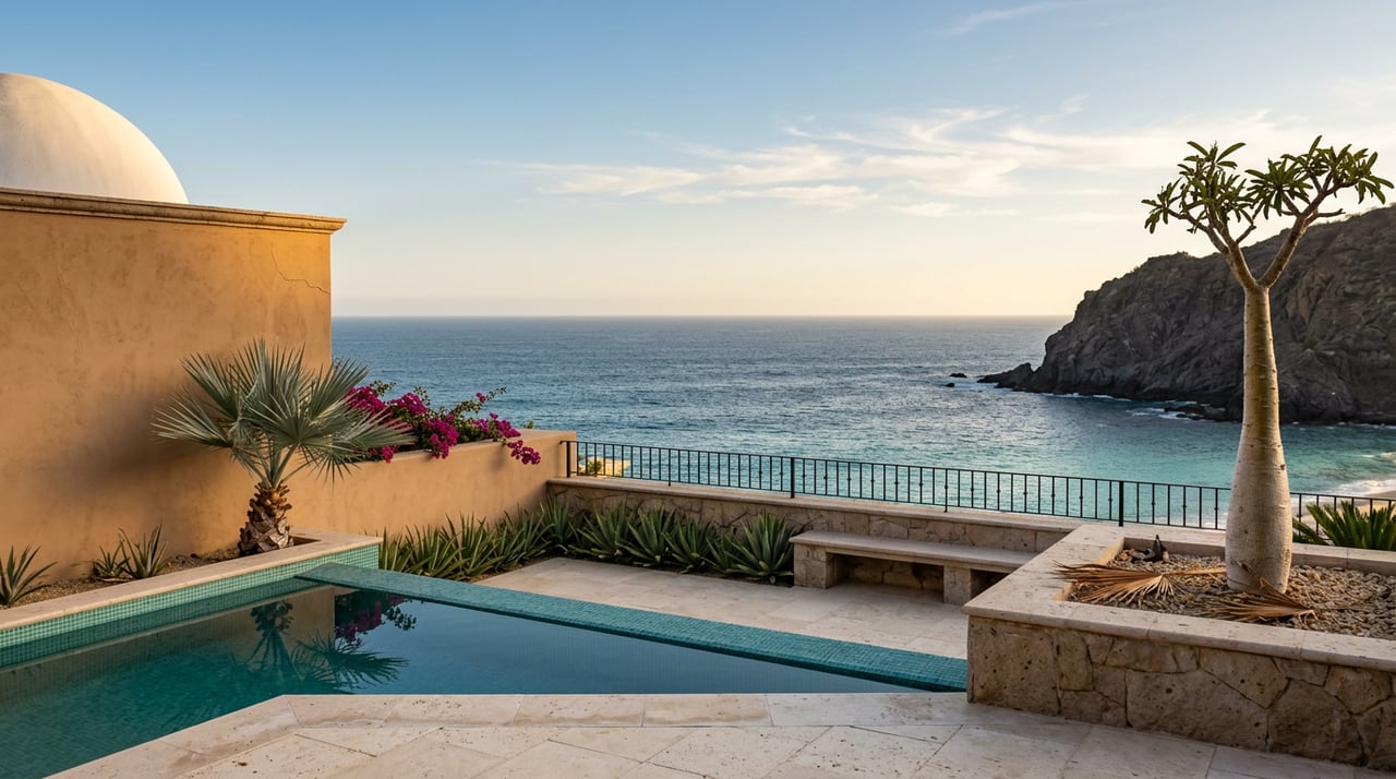 Stone terrace overlooking turquoise sea and dark rocky headland, with a small pool and palms.