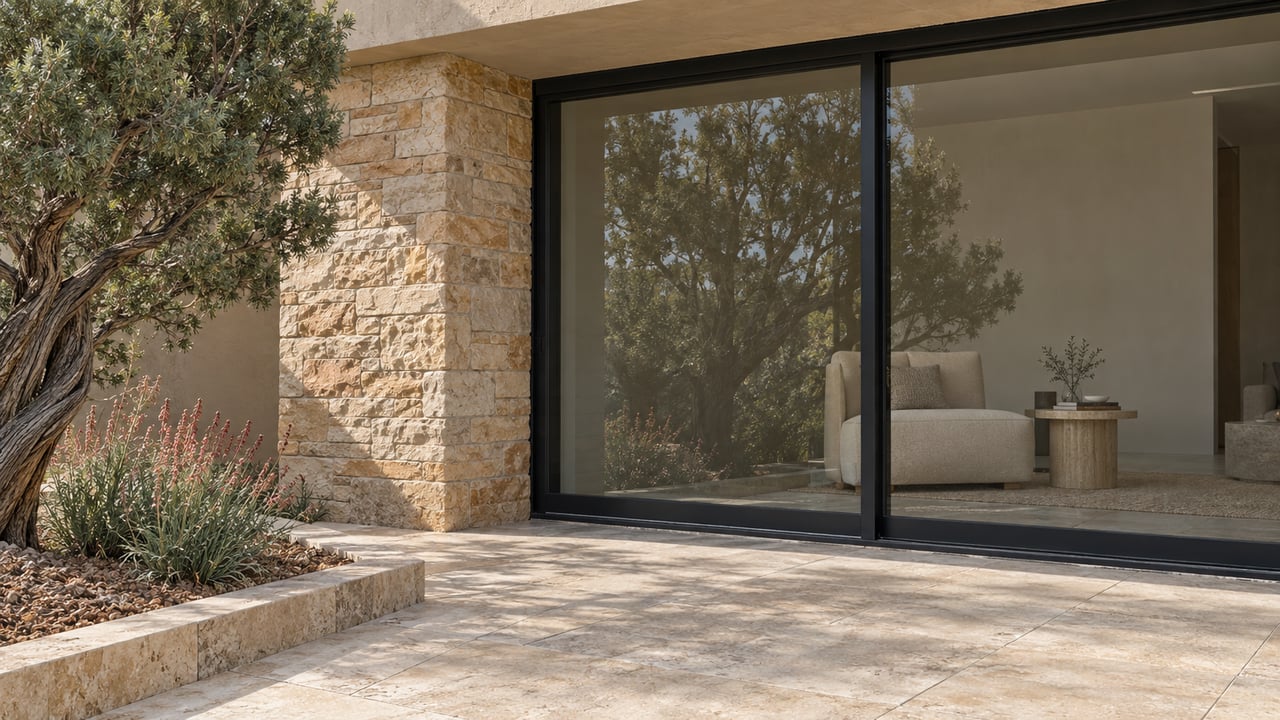 Sunlit sandstone and pale stucco frame a closed glass patio door beside a sculptural juniper and limestone paving.