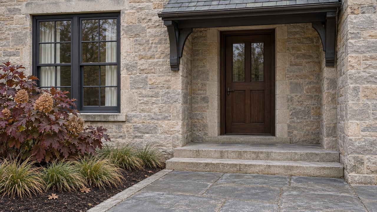 Coursed limestone home entrance with a dark oak door, multi-pane window, bluestone approach and burgundy oakleaf hydrangea.