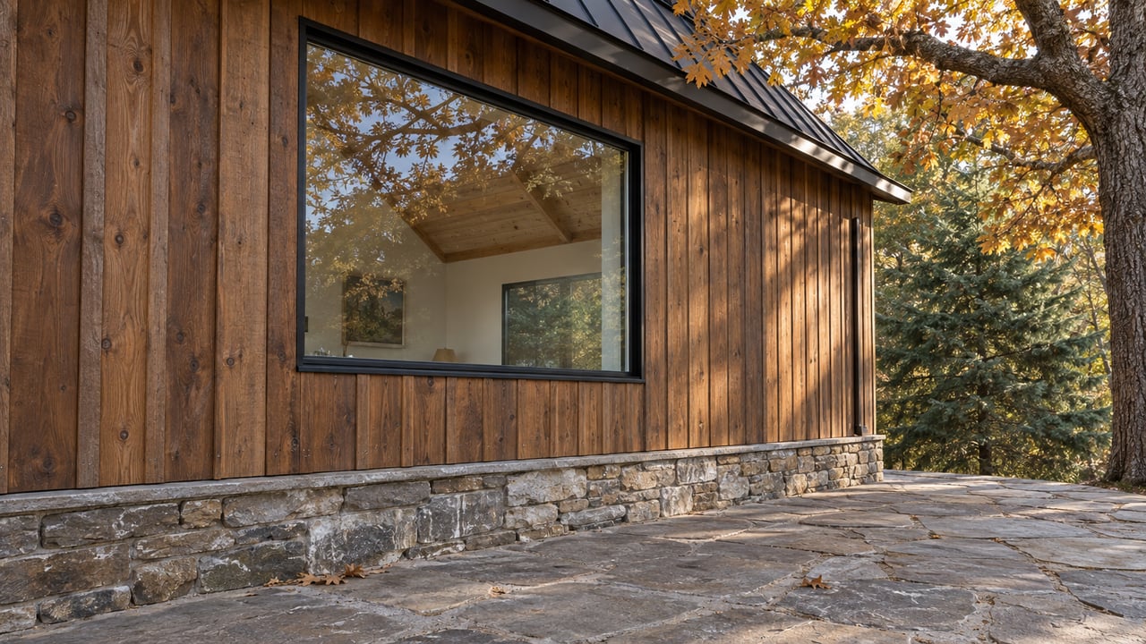 Cabin’s timber side wall with a broad black-framed window above a flagstone terrace and stone foundation.