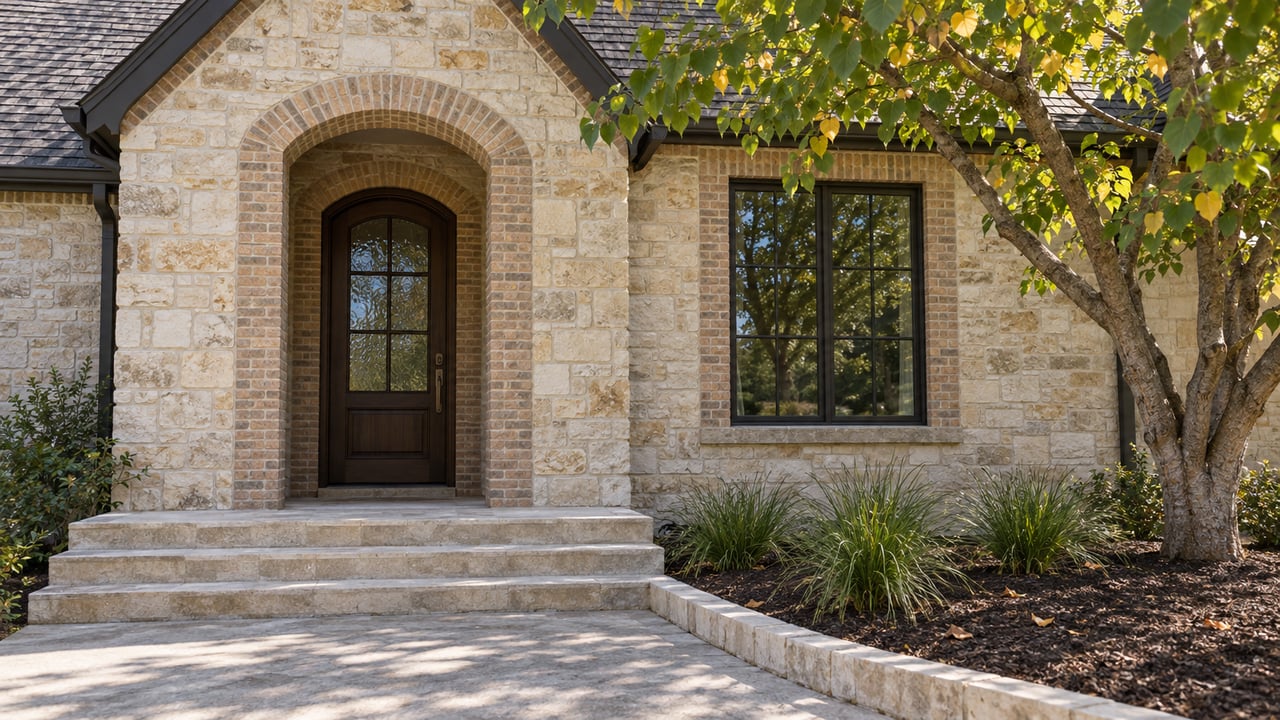 Limestone and buff-brick home entrance with an arched dark wood door, multi-pane window, broad stone steps and a mature redbud.
