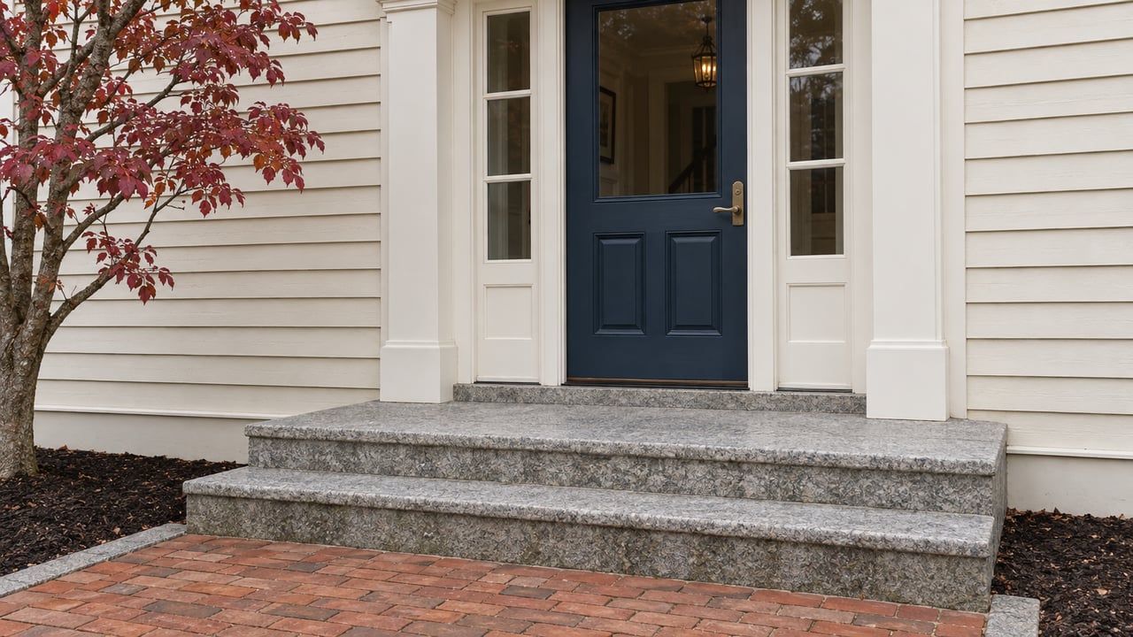 Ivory clapboard entrance with a blue paneled door, matching glazed sidelights, weathered granite steps and a brick approach beside an autumn dogwood.