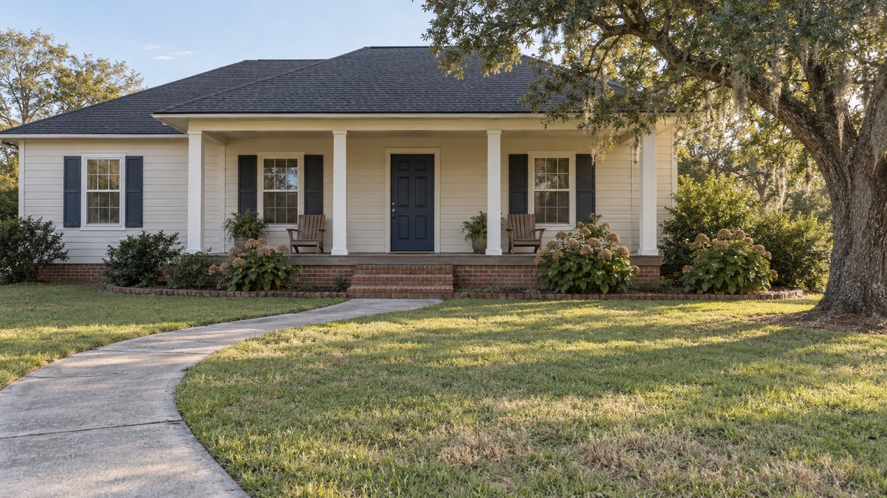 Cream-sided home with a covered porch, brick steps and a broad front lawn beside a mature live oak.