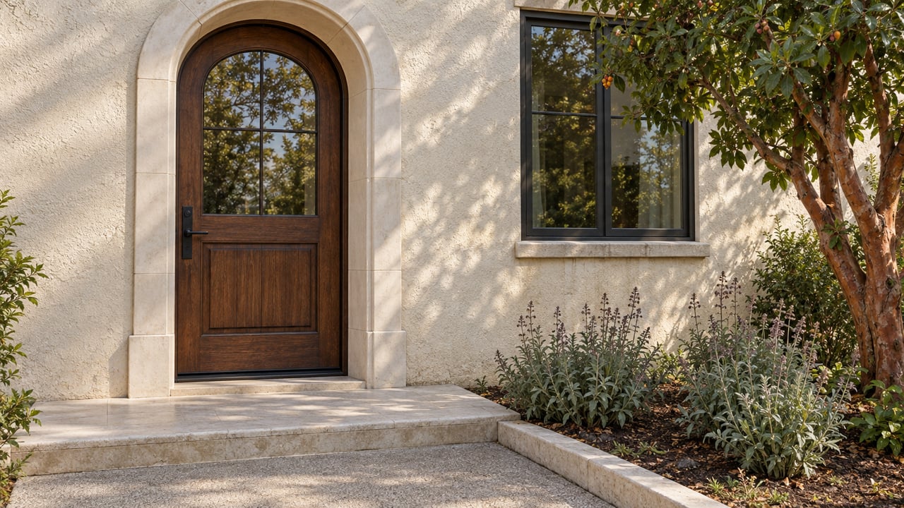 Arched oak front door in pale stucco beside a dark-framed window, with a worn stone landing and strawberry tree shading a sage bed.