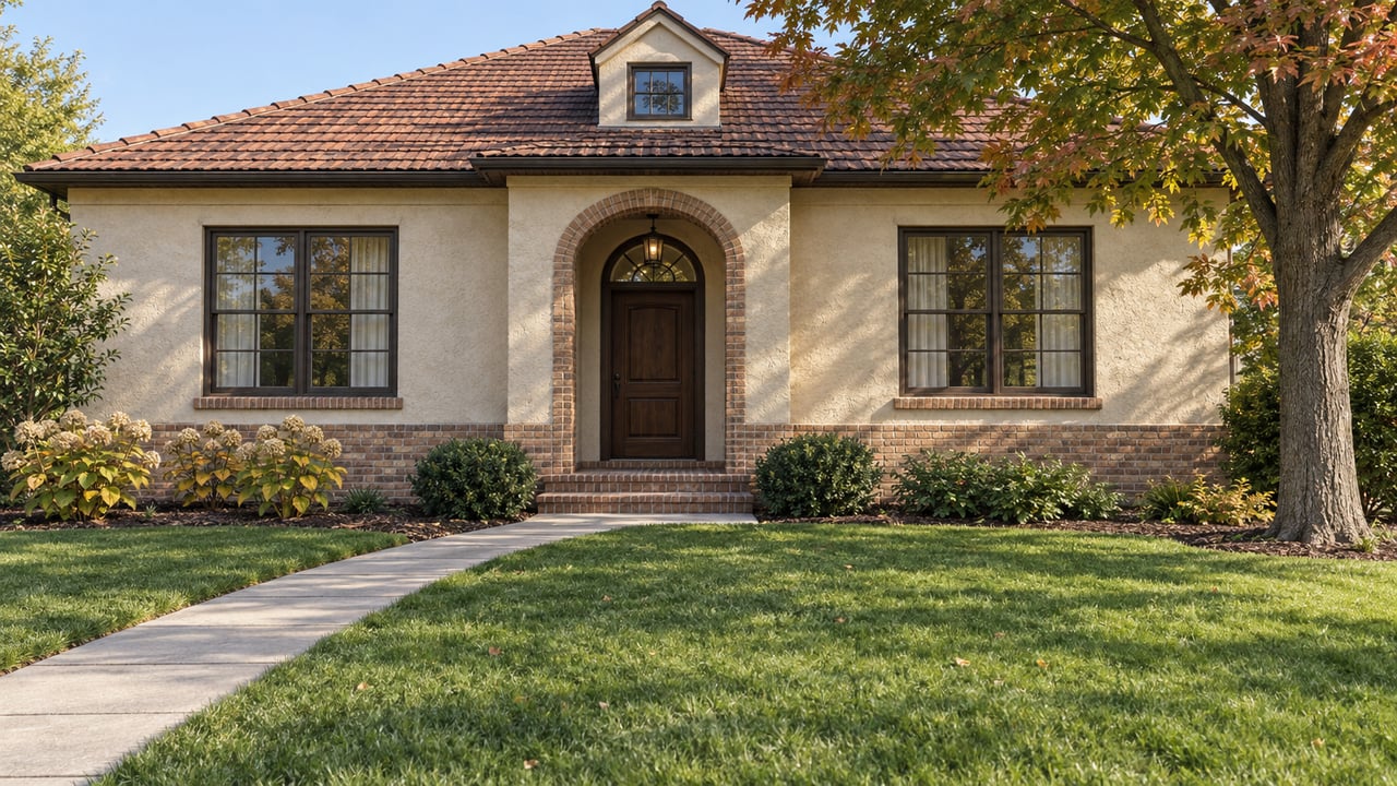 An ivory stucco and buff brick home with an arched entry, deep front lawn and autumn maple foliage in afternoon sunlight.