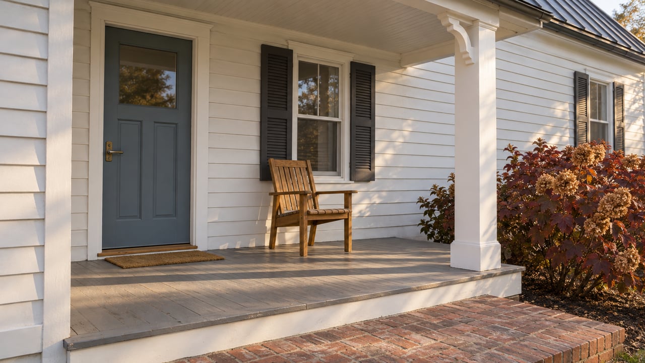 White-sided home's front porch with a blue door, wooden chair, and autumn shrubs.