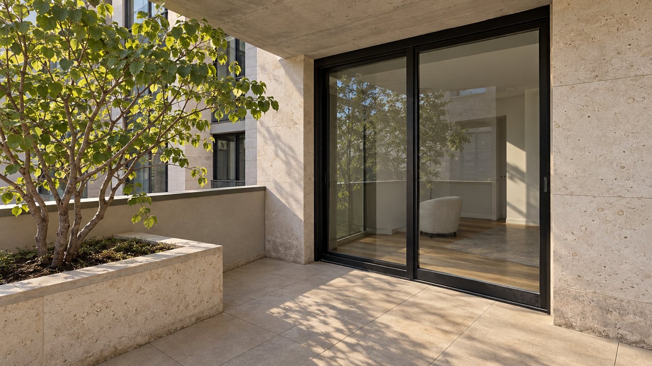 Sunlit limestone and black-framed glass beside a private balcony with a single redbud in a raised stone planter.
