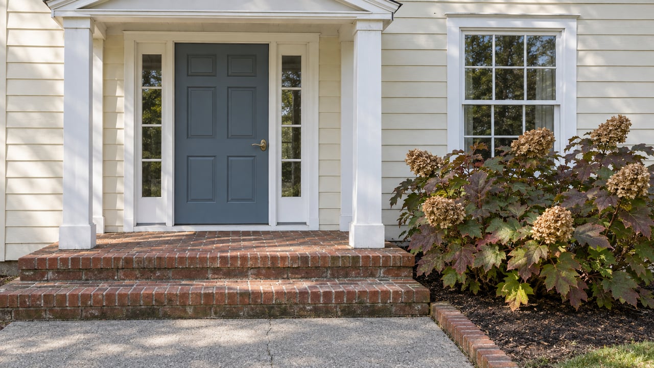 Pale-sided house entry with a blue-gray door, white trim, weathered brick steps and an oakleaf hydrangea turning burgundy.