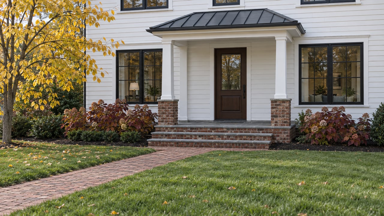 White clapboard home with a walnut entrance, brick and bluestone steps, and an autumn lawn beneath a redbud tree.