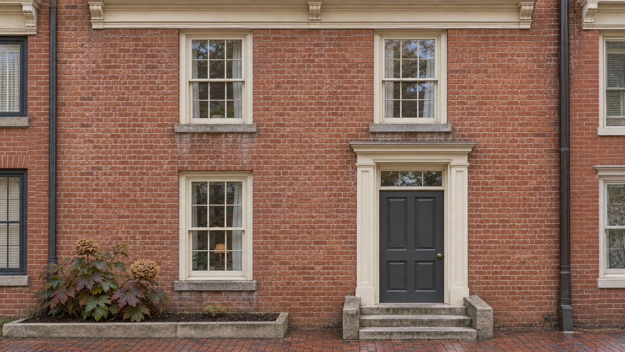 An attached red-brick home with cream sash windows, a charcoal door, worn limestone steps and an oakleaf hydrangea beside a damp brick sidewalk.