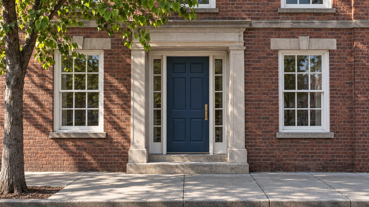 Recessed blue condominium door between white multi-pane windows in a red-brick facade, with a sidewalk tree at left.