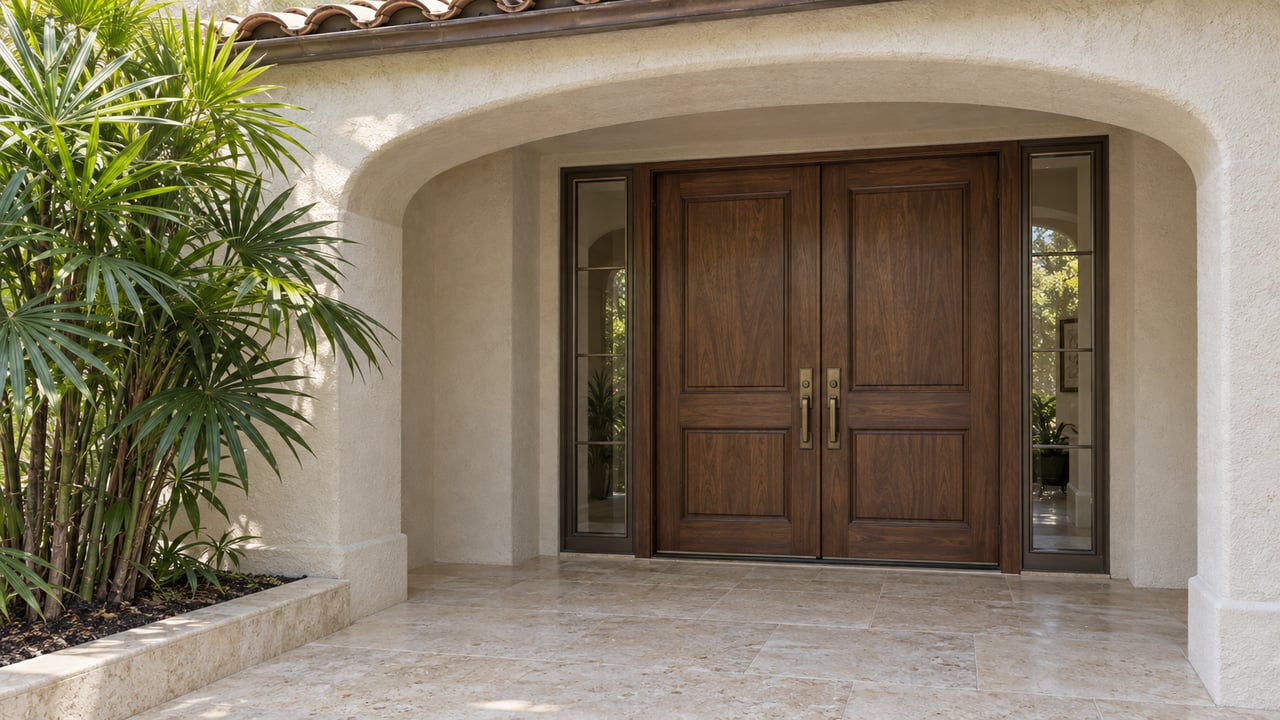 Ivory stucco arched entry with walnut double doors, bronze-framed sidelights and a limestone terrace beside a fan palm.