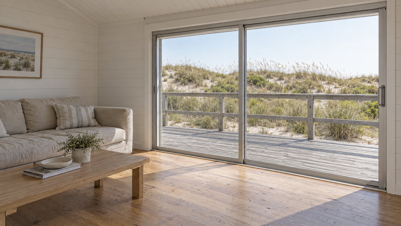 Linen sofa and oak table in a coastal sitting room, with glass doors opening onto a deck and dune grass.