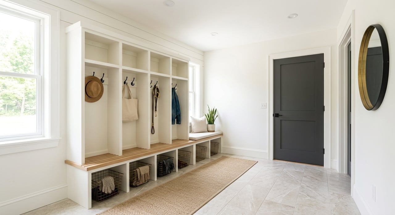 Three off-white mudroom locker bays with black hooks, a quartz bench, charcoal door, and floor plant.