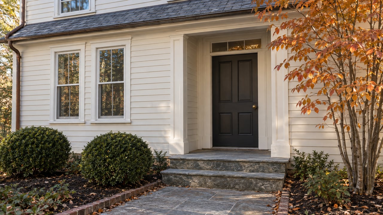 Recessed charcoal front door in an off-white clapboard facade, above worn stone steps and a narrow path.