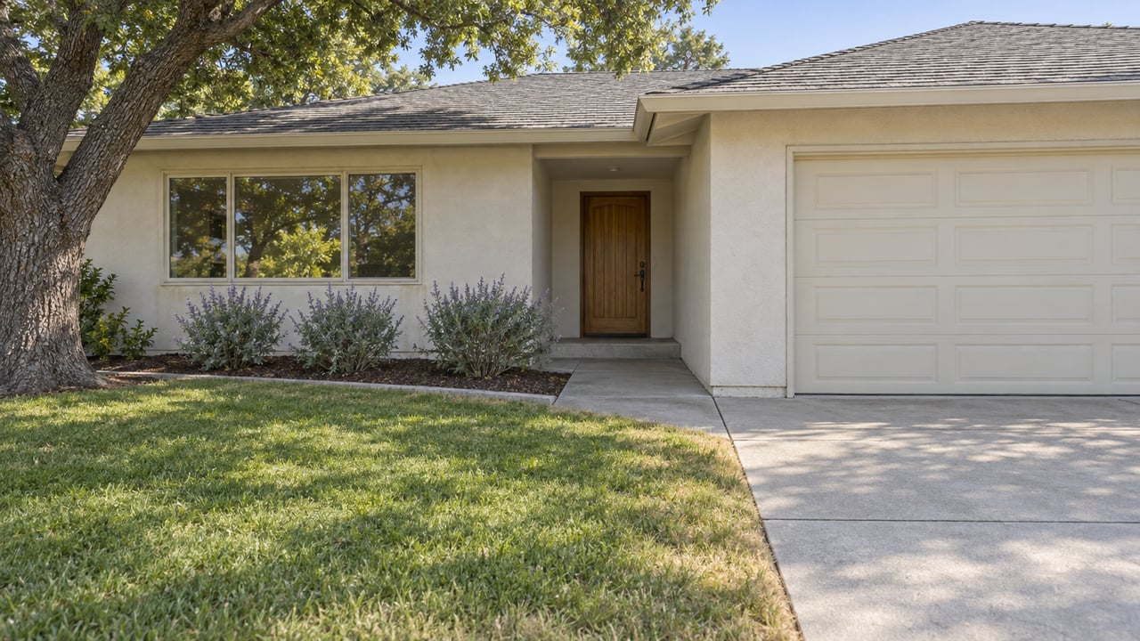 Sunlit single-story stucco home with a recessed wood entry, gray shingle roof, established oak, lawn and concrete approach.