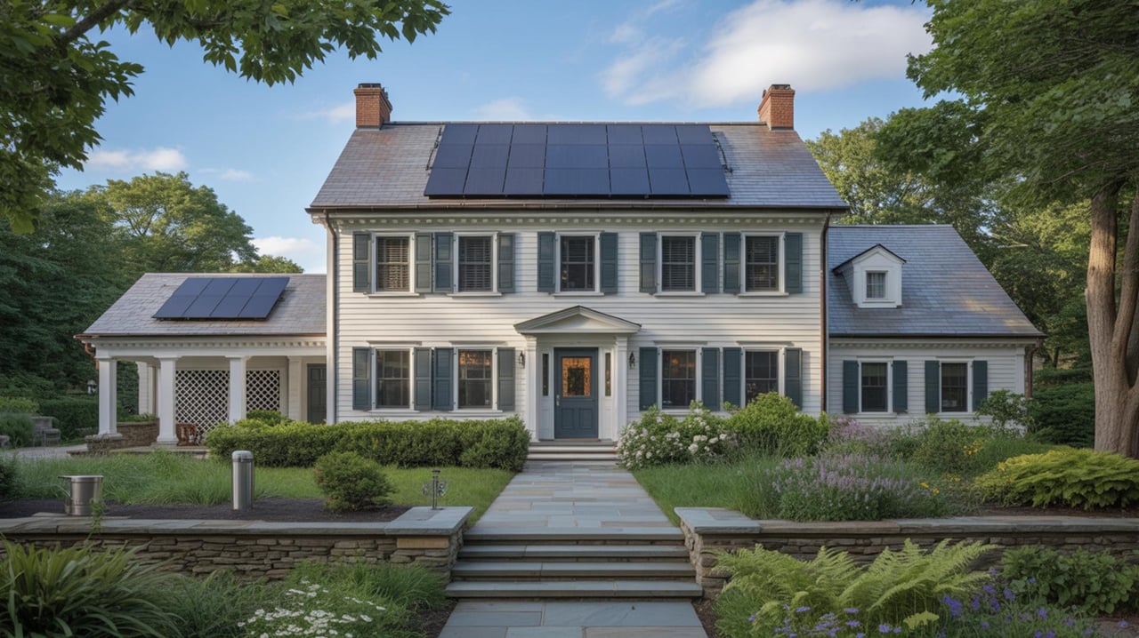 Two-story white house with dark shutters, solar panels, and a landscaped garden.