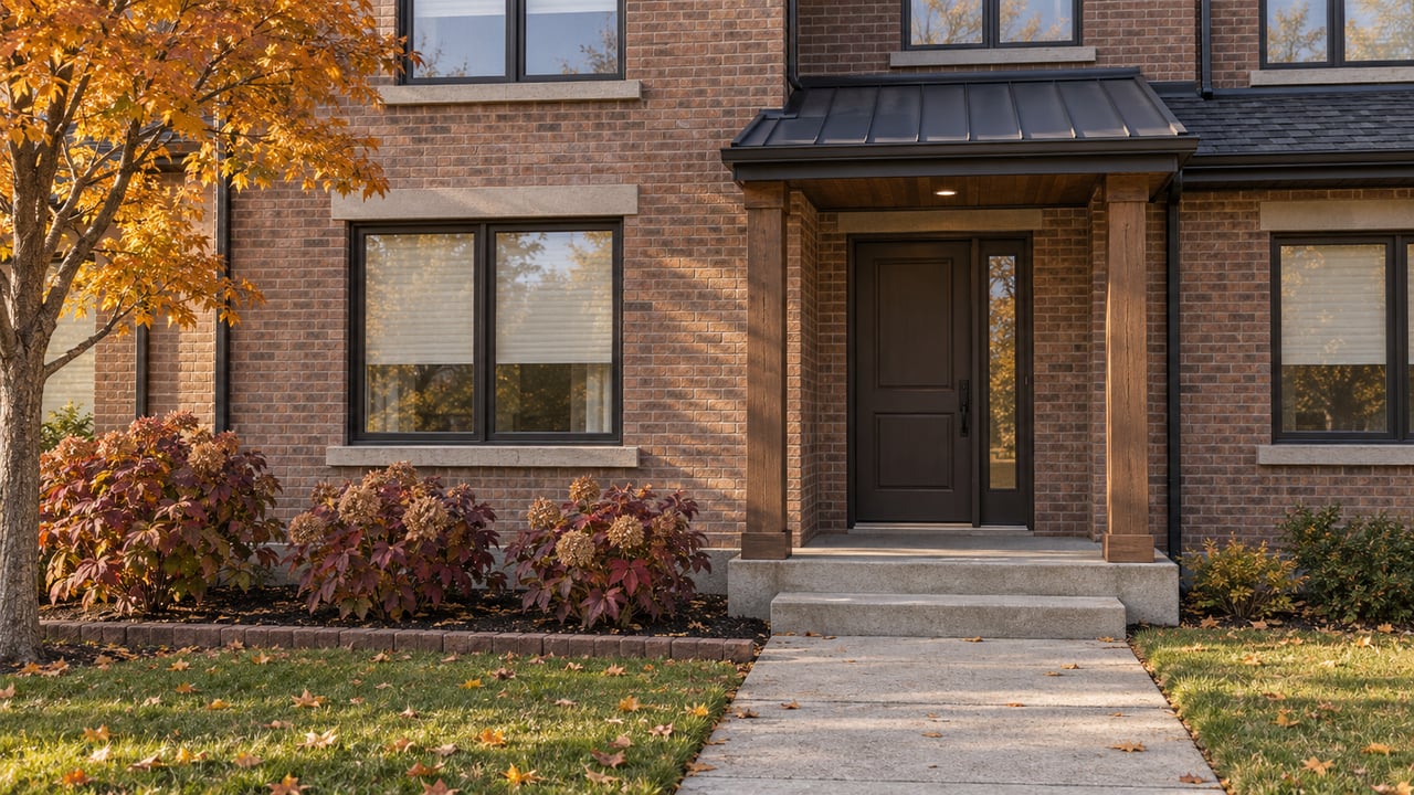 Brick attached-home entrance with a sheltered espresso door, concrete steps, amber maple leaves and burgundy oakleaf hydrangeas.