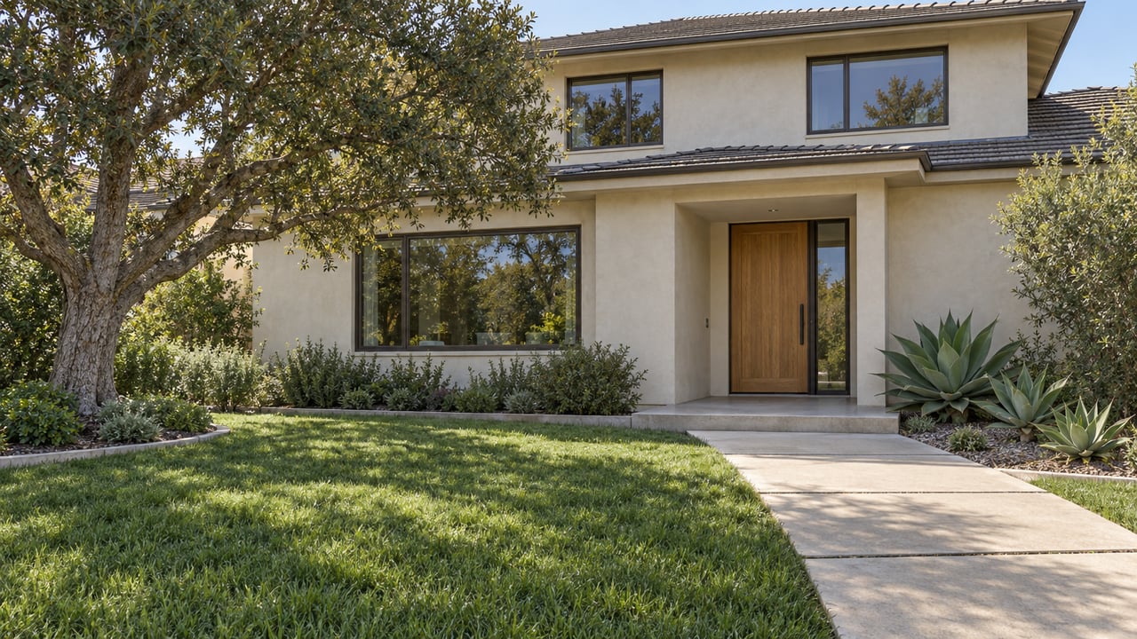 Ivory stucco home with bronze-framed windows, an oak entrance, a broad sedge lawn and a sculptural oak tree.