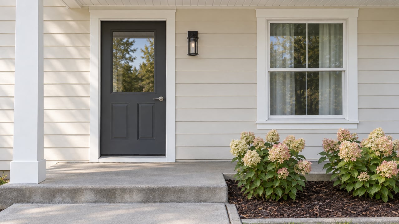 Close view of a covered front entry with off-white lap siding, a charcoal glazed door, concrete steps, and two pink-tinged hydrangeas.